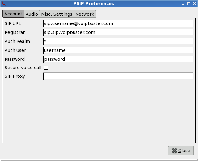 Voipbuster setup in Psip